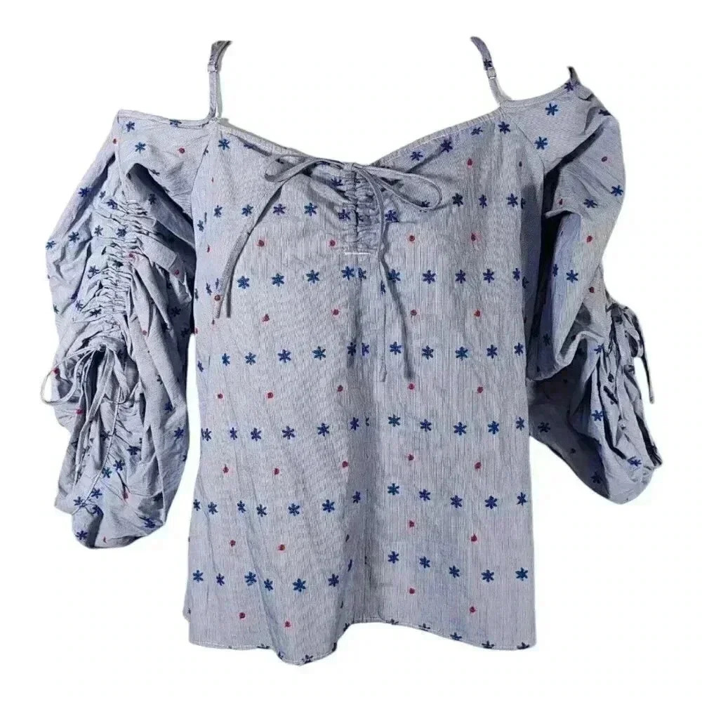 Parker Cold Shoulder Embroidered Top Blouse Blue Women's XS Cotton